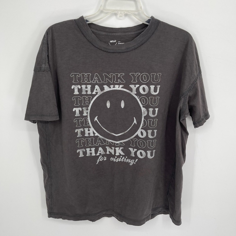 Aerie Women's Gray Smiley Face Graphic Oversized Short Sleeve T-Shirt Size S